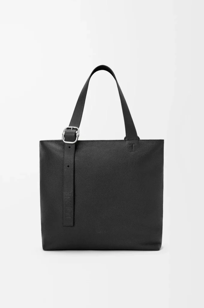 Bolso tote con cremallera y asas en piel de becerro granulada flexible Negro