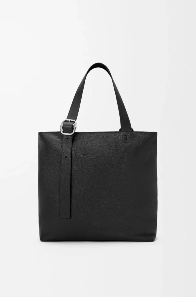 Bolso tote con cremallera y asas en piel de becerro granulada flexible Negro