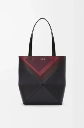 Bolso tote Puzzle Fold mediano en piel de becerro napa Negro/Burdeos