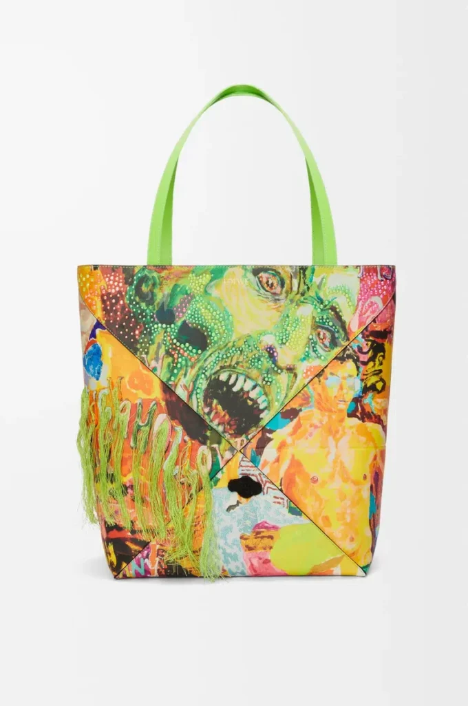 Bolso tote Puzzle Fold XL en piel de becerro clásica Verde vivo/Multicolor