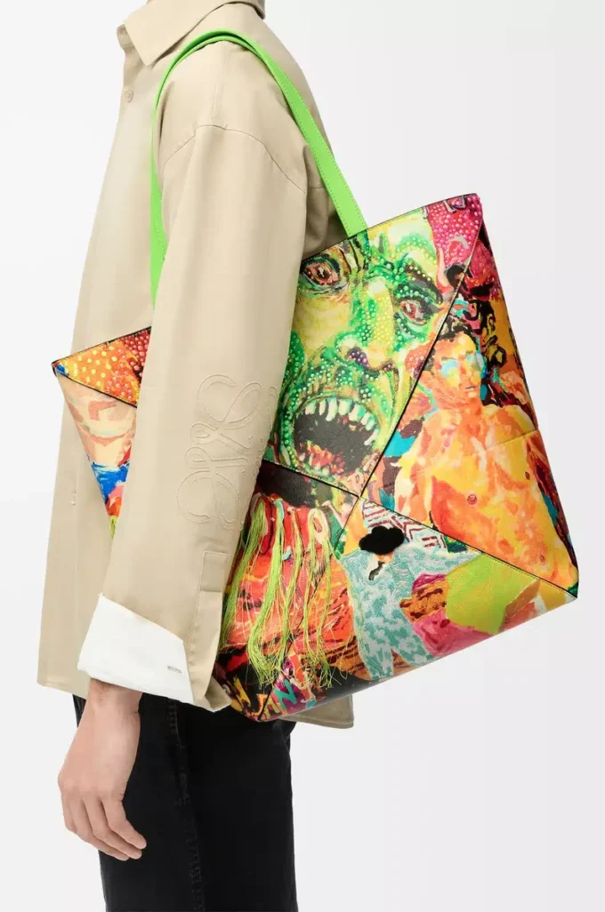 Bolso tote Puzzle Fold XL en piel de becerro clásica Verde vivo/Multicolor