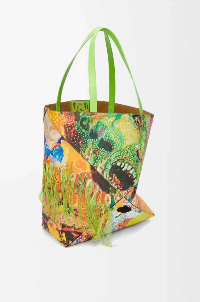 Bolso tote Puzzle Fold XL en piel de becerro clásica Verde vivo/Multicolor