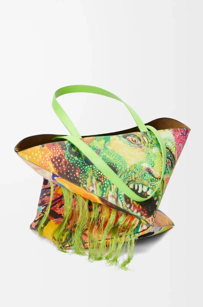 Bolso tote Puzzle Fold XL en piel de becerro clásica Verde vivo/Multicolor