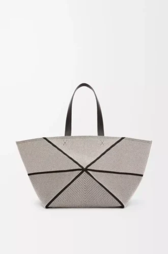 Bolso tote Puzzle Fold XXL en lona jacquard y piel de becerro Natural/Negro