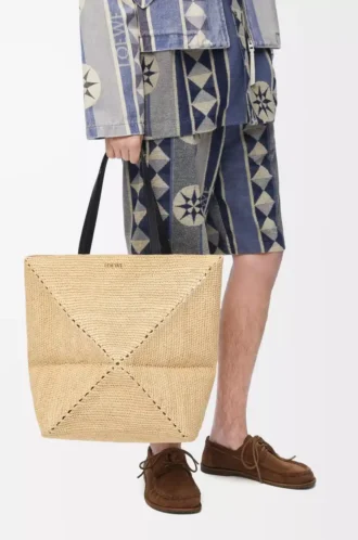Bolso XL Puzzle Fold en rafia Natural/Negro