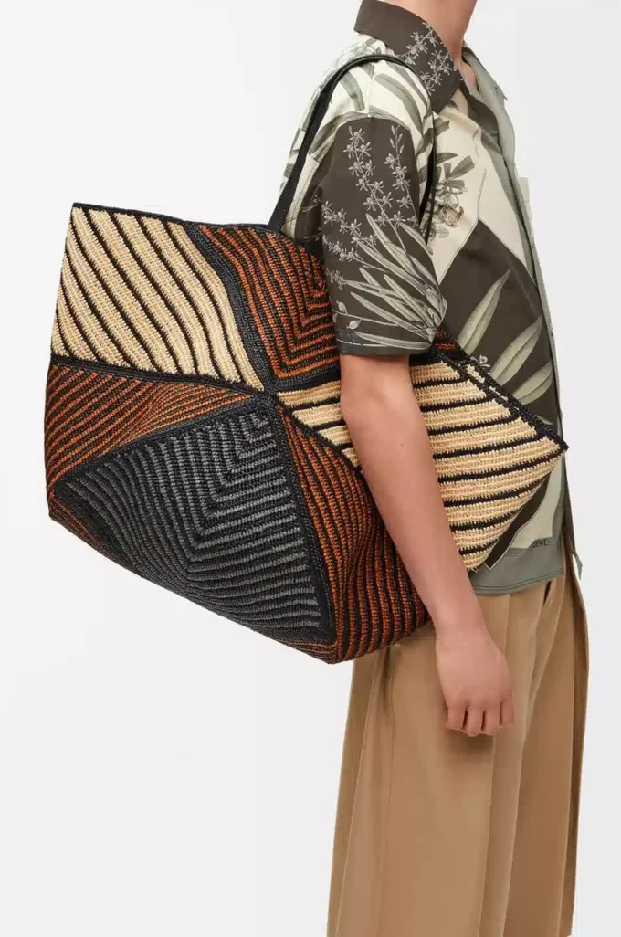 Bolso XXL Puzzle Fold en rafia Natural/Miel dorada