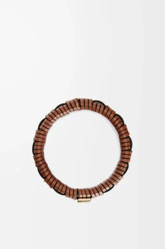 Brazalete tejido en latón y piel de becerro clásica Tan