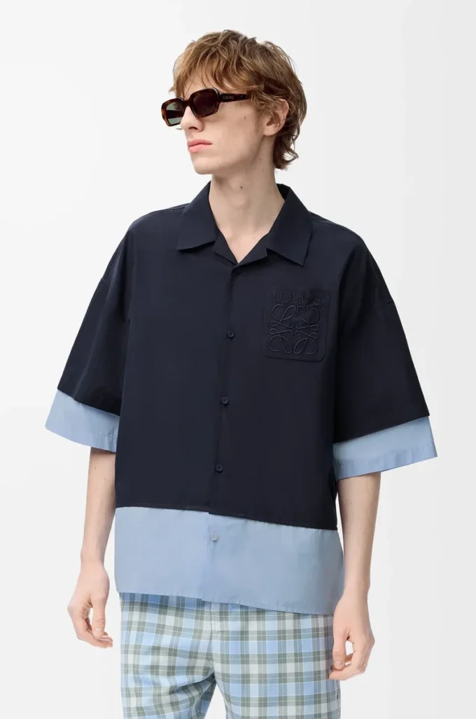Camisa de manga corta de algodón azul marino oscuro/azul claro Camisa de manga corta de algodón azul marino oscuro/azul claro