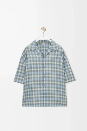 Camisa de manga corta en mezcla de lana azul claro/blanco