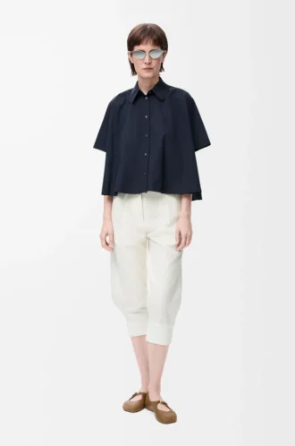 Camisa trapecio de manga corta en algodón azul marino