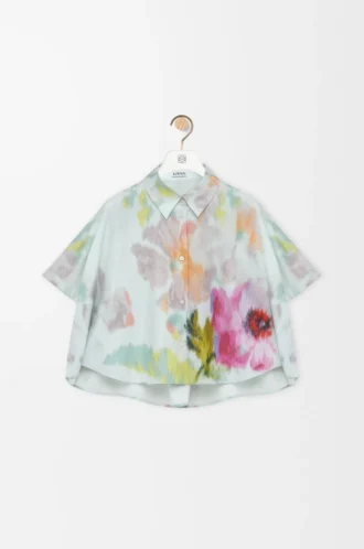Camisa trapecio de manga corta en algodón y seda Azul claro/Multicolor