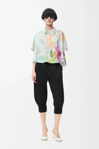 Camisa trapecio de manga corta en algodón y seda Azul claro/Multicolor