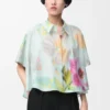 Camisa trapecio de manga corta en algodón y seda Azul claro/Multicolor Camisa trapecio de manga corta en algodón y seda Azul claro/Multicolor