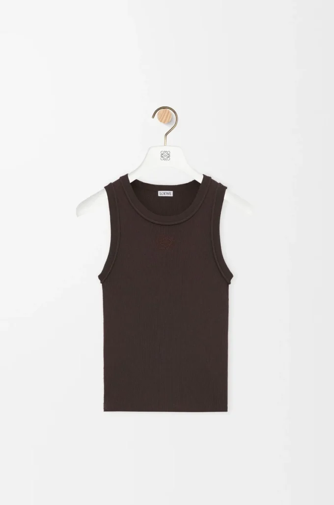 Camiseta sin mangas con anagrama en viscosa elástica marrón Camiseta sin mangas con anagrama en viscosa elástica marrón