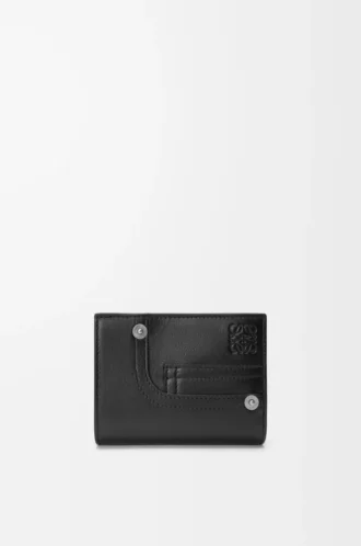 Cartera compacta Panta en piel de becerro brillante, color negro