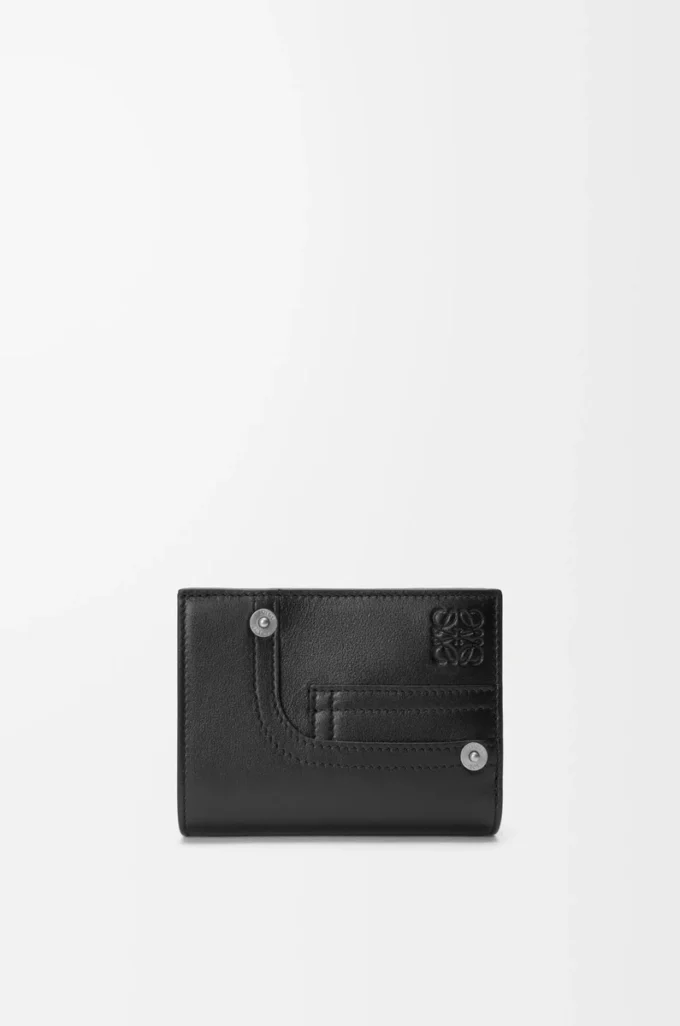 Cartera compacta Panta en piel de becerro brillante, color negro