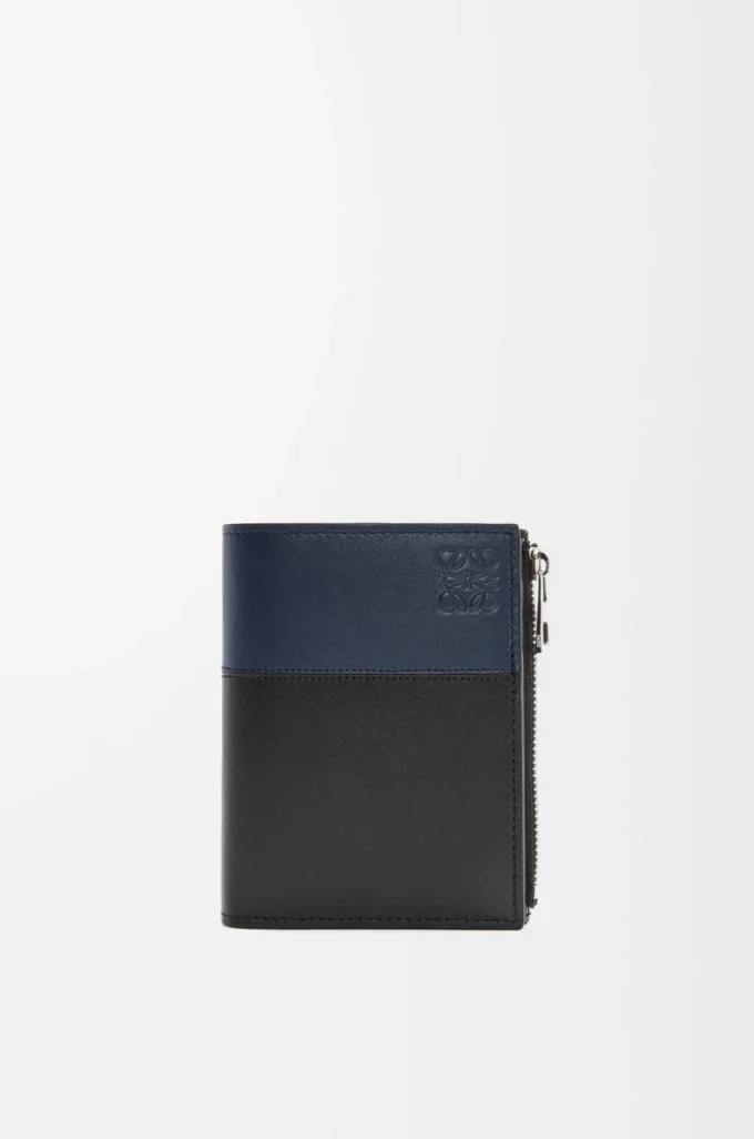 Cartera compacta y delgada en piel de becerro brillante    Negro/Azul marino oscuro
