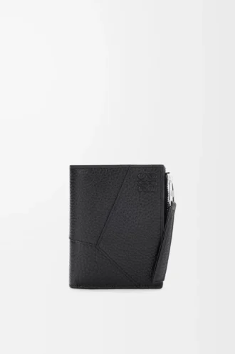 Cartera compacta y delgada Puzzle en piel de becerro granulada flexible. Negro