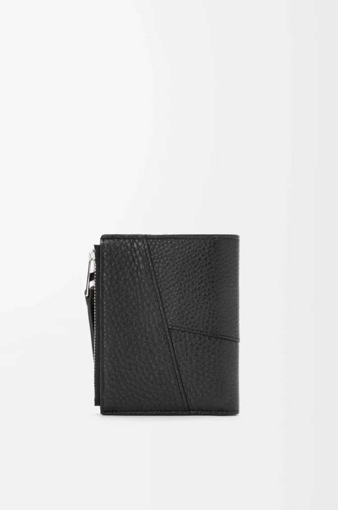 Cartera compacta y delgada Puzzle en piel de becerro granulada flexible. Negro
