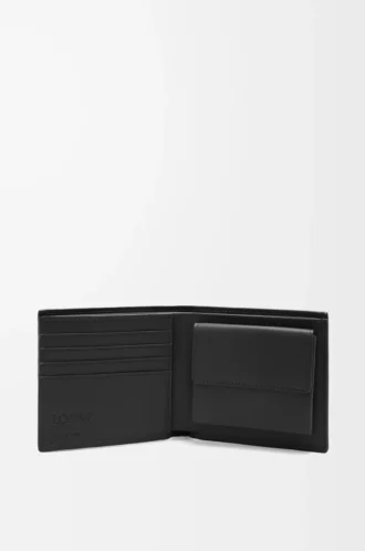 Cartera doble para monedas en piel de becerro clásica texturizada, color negro.