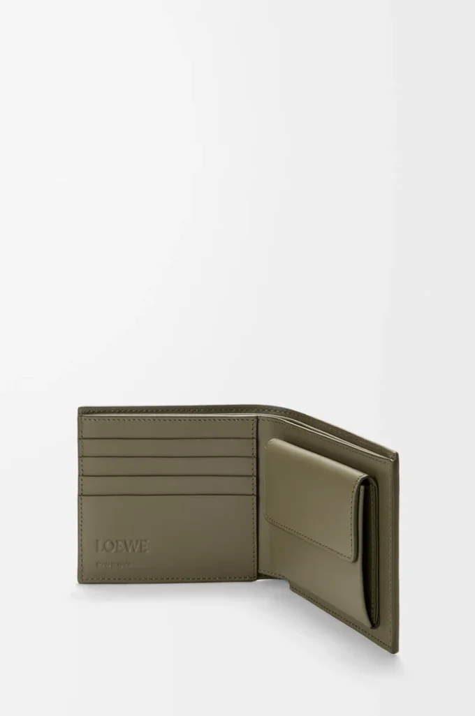 Cartera doble para monedas en piel de becerro satinada verde caqui