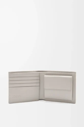 Cartera plegable para monedas en piel de becerro clásica texturizada Shell Grey