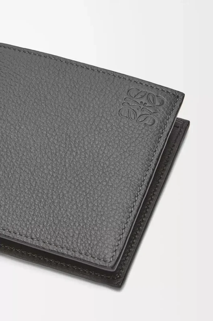 Cartera plegable para monedas en piel de becerro granulada suave color antracita
