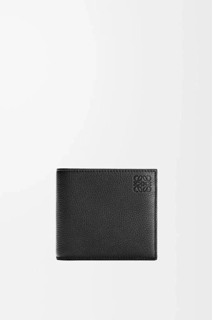 Cartera plegable para monedas en piel de becerro granulada suave, color negro