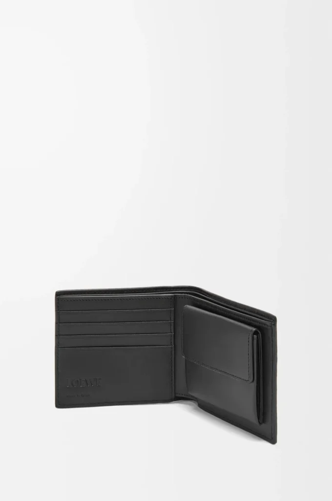 Cartera plegable para monedas en piel de becerro granulada suave, color negro