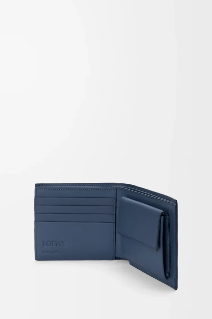 Cartera plegable para monedas en piel de becerro satinada teñida en índigo