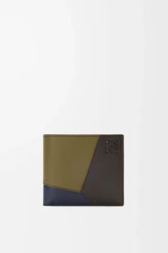 Cartera plegable para monedas Puzzle en piel de becerro clásica, color oliva/marrón oscuro