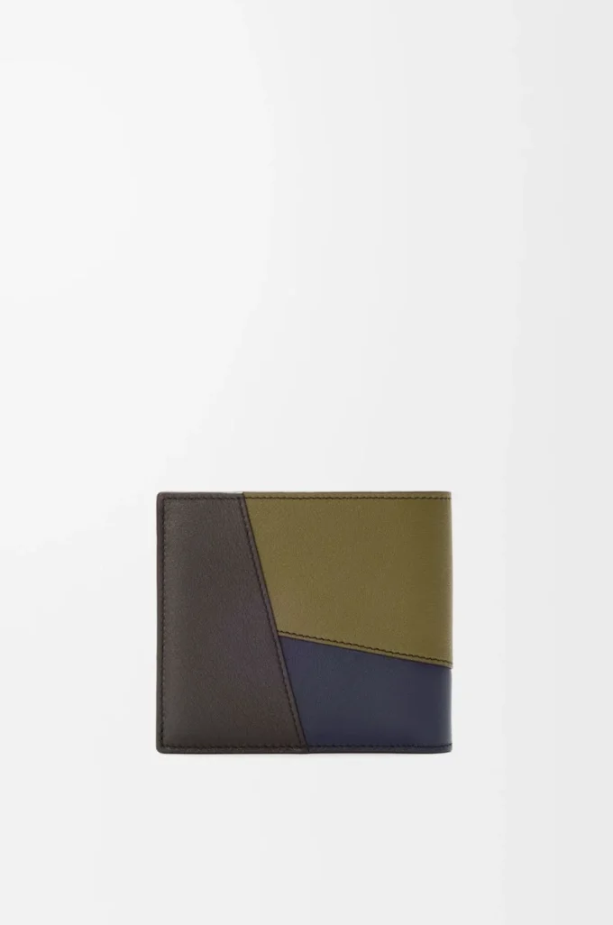 Cartera plegable para monedas Puzzle en piel de becerro clásica, color oliva/marrón oscuro