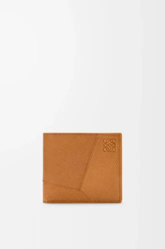 Cartera plegable Puzzle para monedas en piel de becerro granulada flexible, color marrón claro cañón