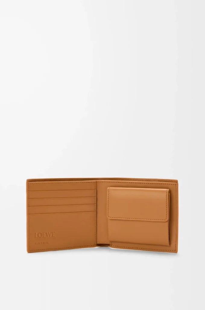 Cartera plegable Puzzle para monedas en piel de becerro granulada flexible, color marrón claro cañón