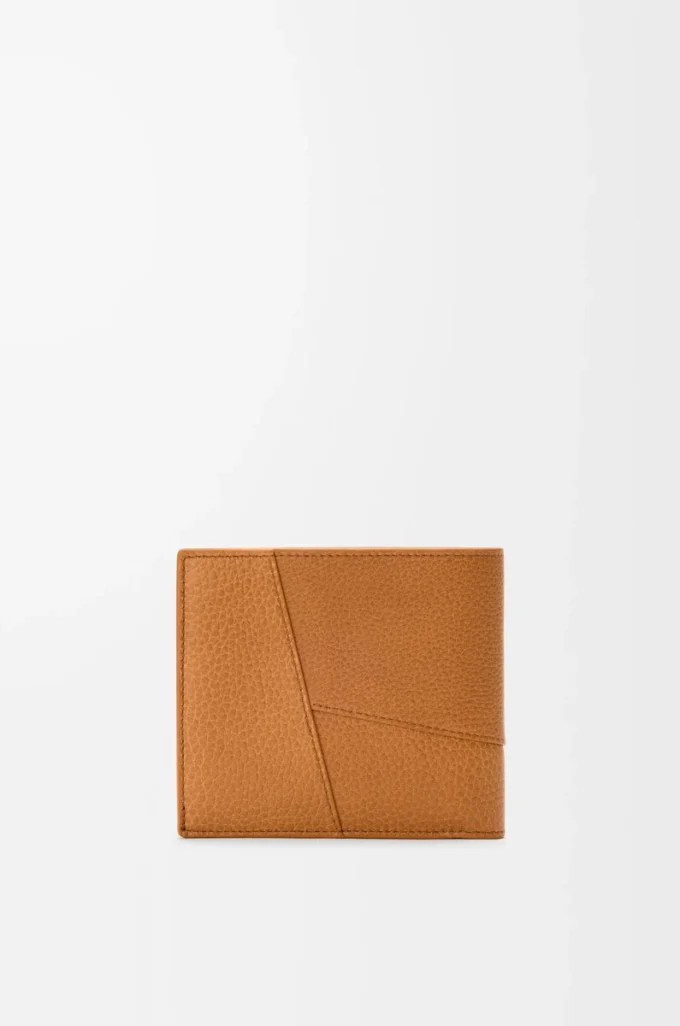 Cartera plegable Puzzle para monedas en piel de becerro granulada flexible, color marrón claro cañón