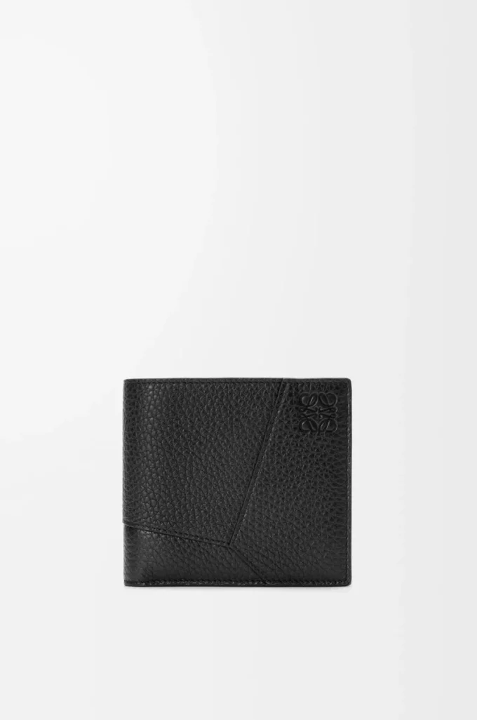 Cartera plegable Puzzle para monedas en piel de becerro granulada flexible, color negro