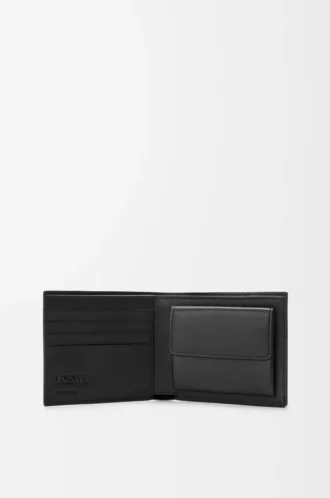 Cartera plegable Puzzle para monedas en piel de becerro granulada flexible, color negro