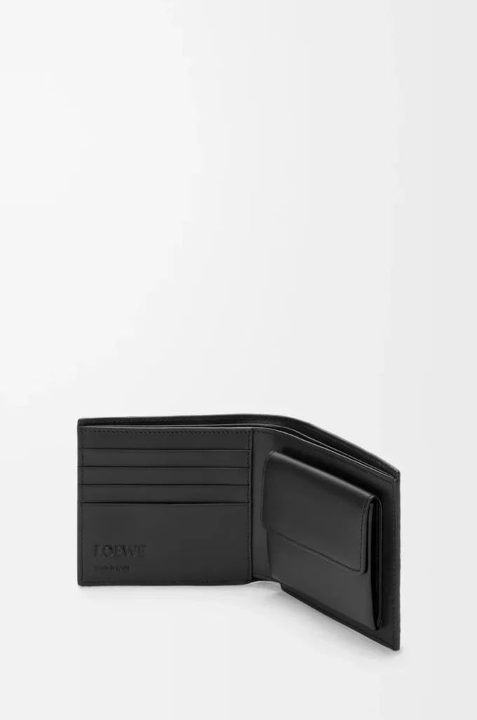 Cartera plegable Puzzle para monedas en piel de becerro granulada flexible, color negro