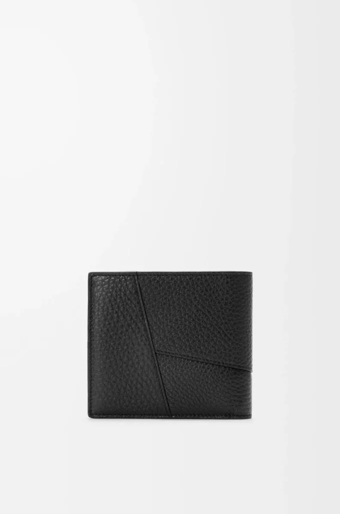 Cartera plegable Puzzle para monedas en piel de becerro granulada flexible, color negro