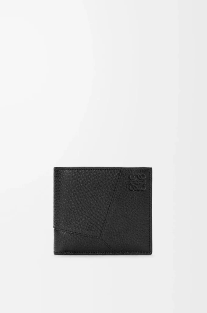 Cartera Puzzle con doble pliegue en piel de becerro granulada flexible, color negro
