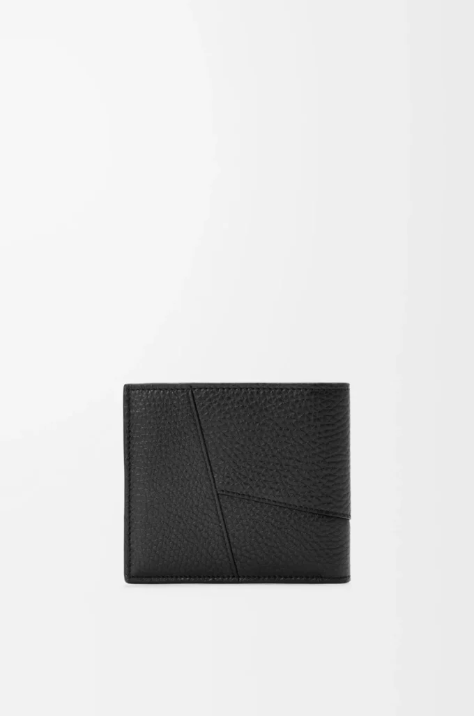 Cartera Puzzle con doble pliegue en piel de becerro granulada flexible, color negro
