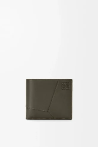 Cartera Puzzle de doble pliegue en piel de becerro clásica Dark Khaki
