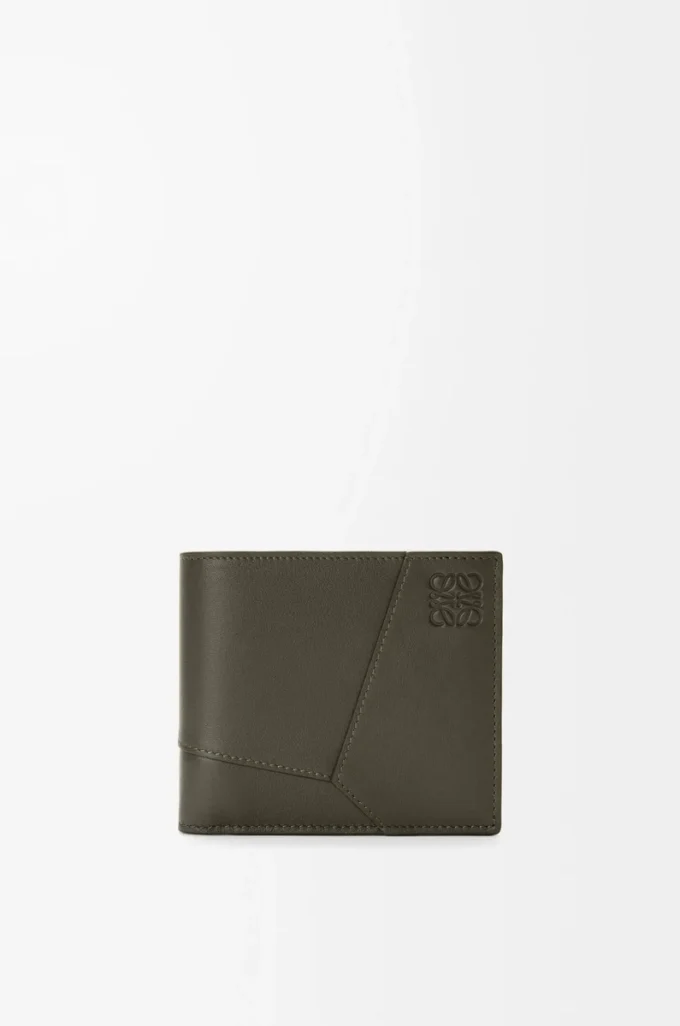 Cartera Puzzle de doble pliegue en piel de becerro clásica Dark Khaki