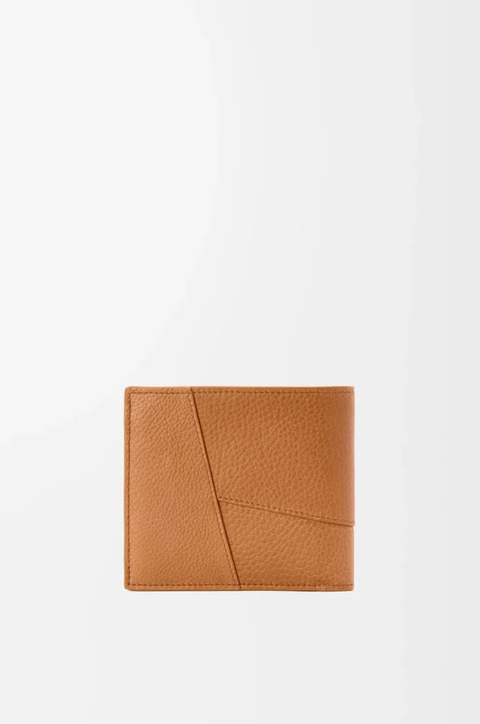 Cartera Puzzle de doble pliegue en suave piel de becerro granulada, color marrón claro cañón