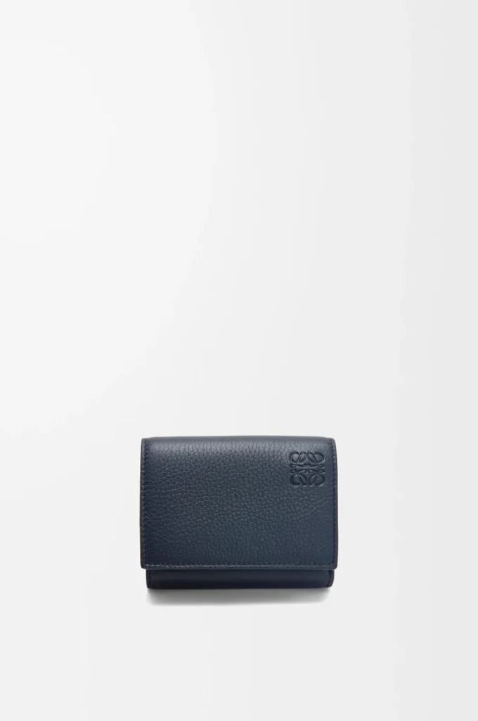 Cartera triple en piel de becerro granulada suave azul marino intenso