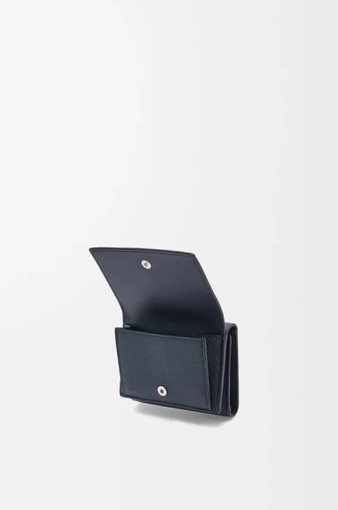 Cartera triple en piel de becerro granulada suave azul marino intenso