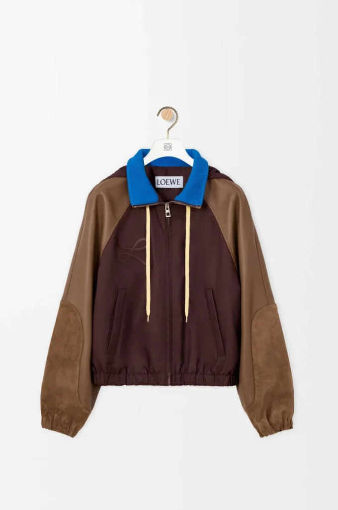 Cazadora bomber de nylon, piel de cordero napa y piel de becerro ante. Marrón