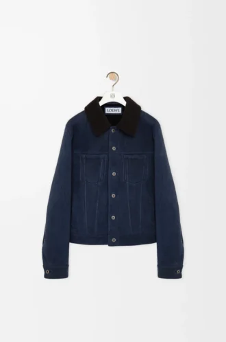 Chaqueta camionero en piel de oveja azul marino/marrón