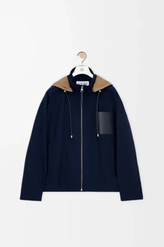 Chaqueta con capucha de algodón azul marino/beige