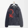 Chaqueta con capucha en mezcla de lana azul marino/naranja
